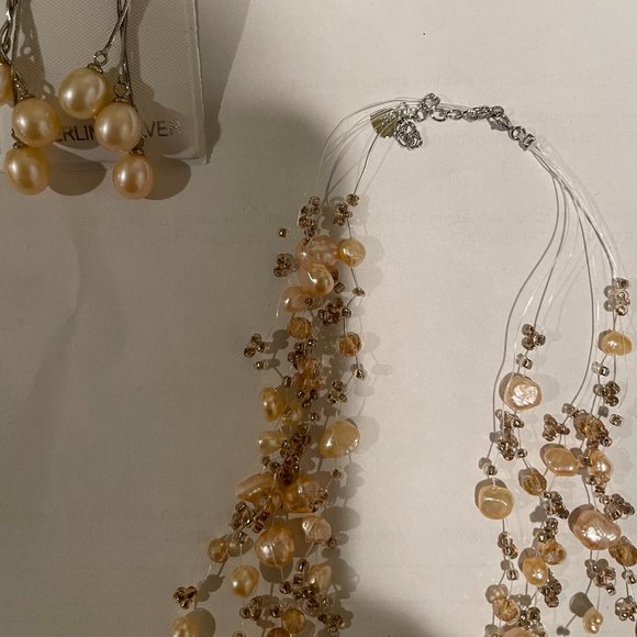 NEW Pink Gold Pearls Beaded multi layer necklace dangling earrings set - Picture 5 of 9